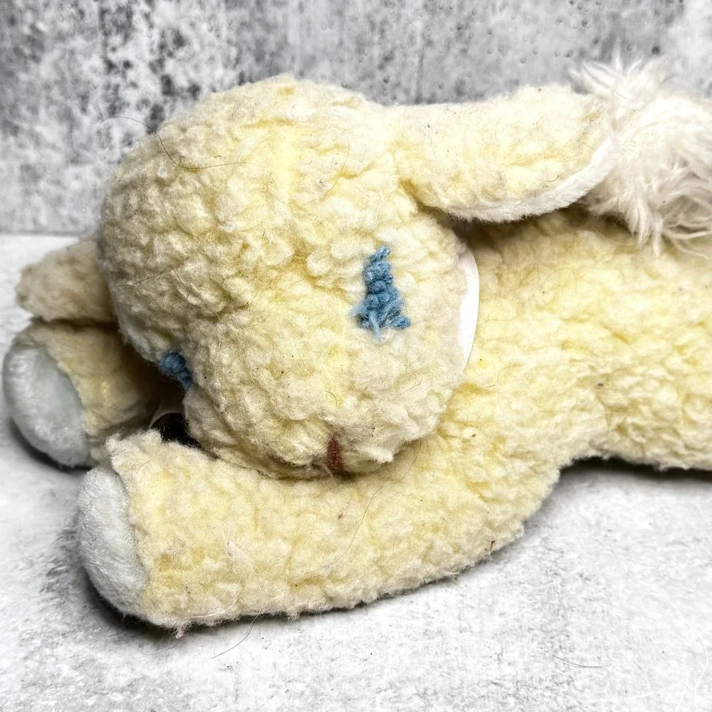 Vintage Eden Toys Yellow Sherpa Lamb Plush Floppy Laying Sheep 12 Inch Rattle